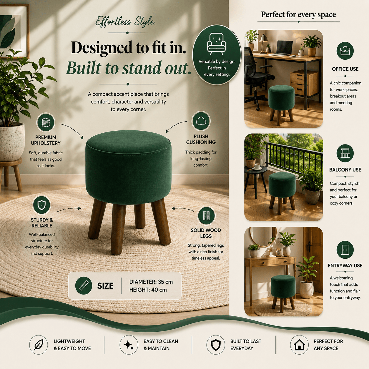 Evergreen Curve Ottoman - Plush Livings
