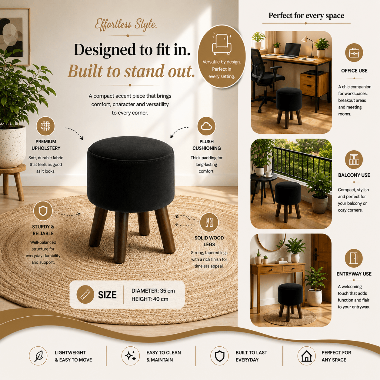 Obsidian Black Ottoman - Plush Livings